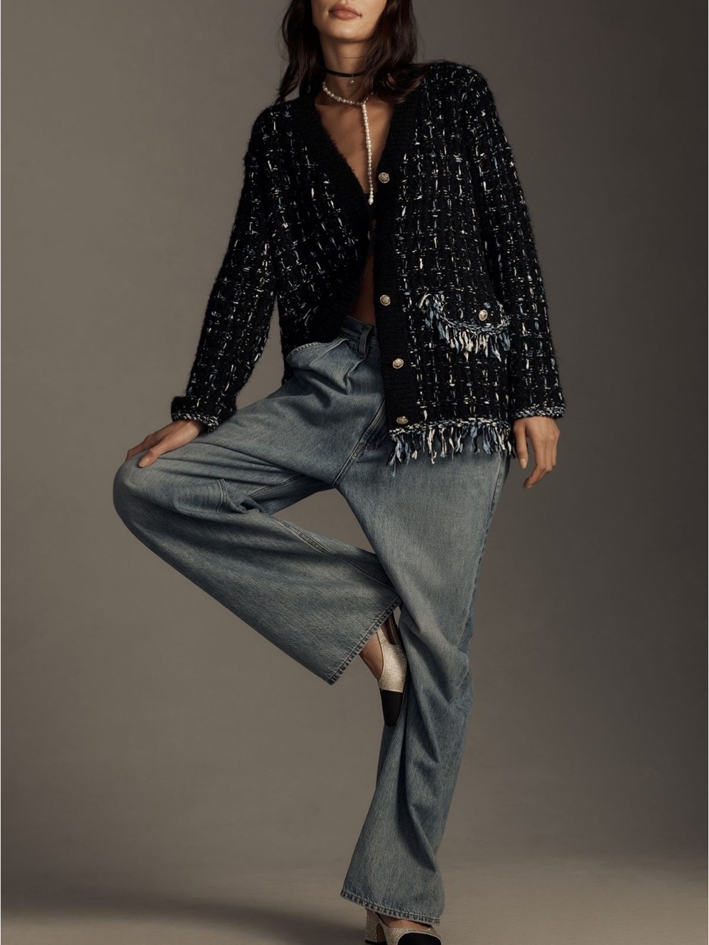 Anthropologie Black Tweed Cardigan with Blue and White Accents - Picture 11 of 11